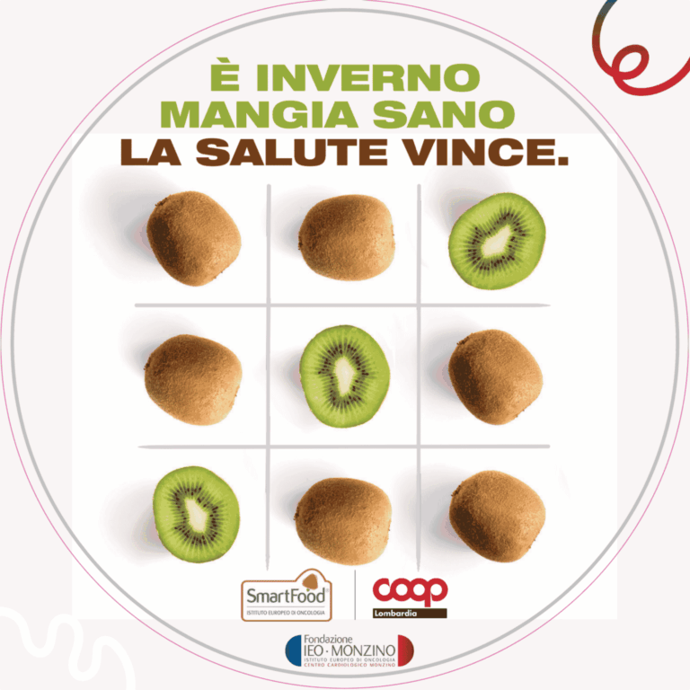 Grafica con kiwi interi e a fette disposti a tris e il messaggio ‘È inverno, mangia sano. La salute vince’ per rappresentare il progetto portato avanti da Coop Lombardia, Smartfood e Fondazione IEO-MONZINO