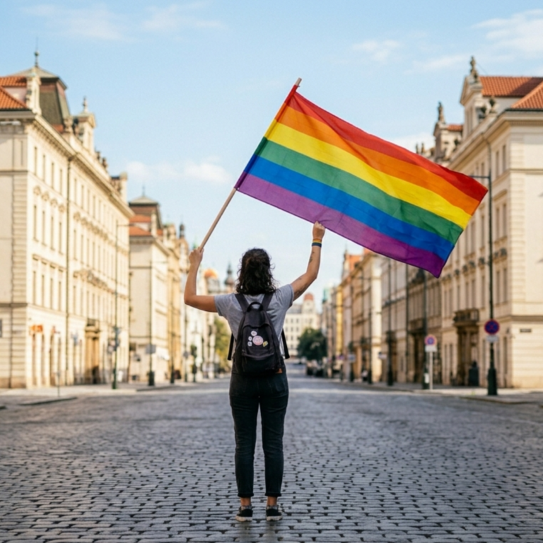 Persona che tiene in mano una bandiera arcobaleno