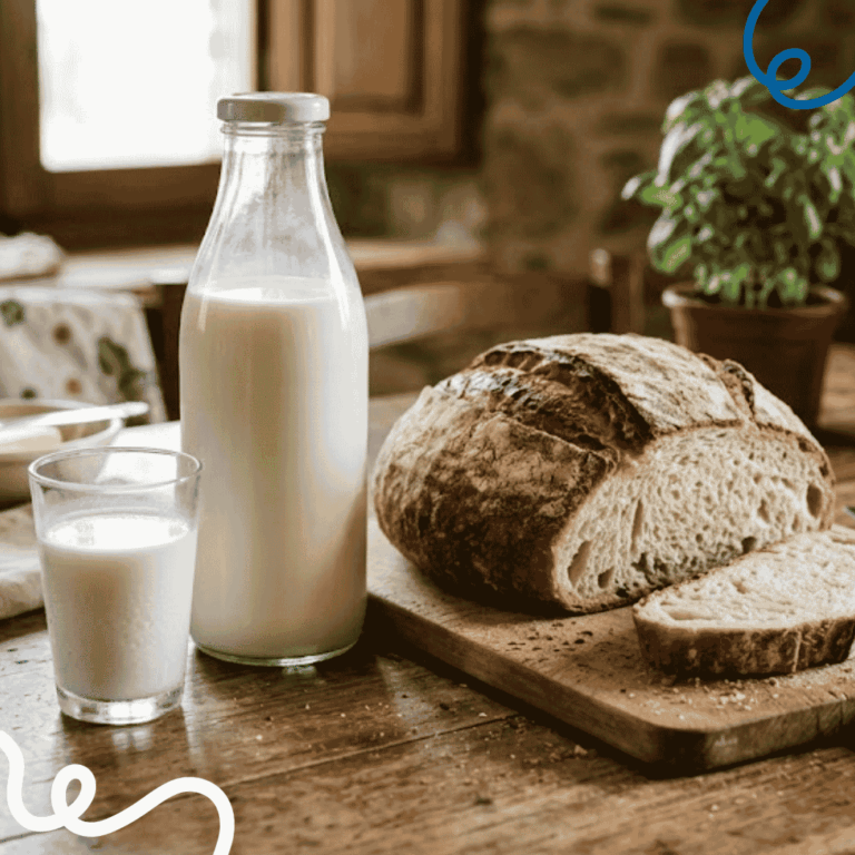 Immagine rappresentante una bottiglia di vetro e un bicchiere pieni di latte, accanto a una pagnotta di pane casereccio con una fetta tagliata su un tagliere.