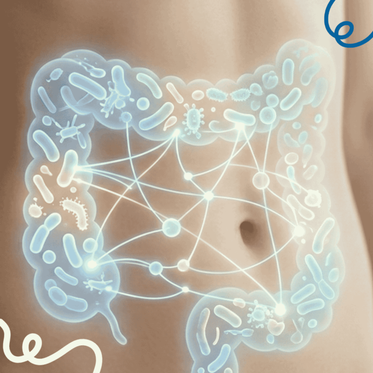 Rappresentazione del microbioma intestinale: sagoma dell'intestino piena di microrganismi e connessioni a rete sovrapposta all'addome umano.